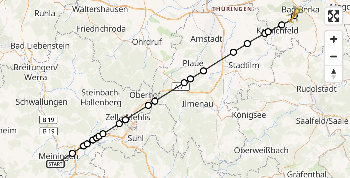 Flugroute Ambulanzhubschrauber Meiningen - DRF Rettungsstation Bad Berka Hubschrauberlandeplatz, 01 Oktober 2026, 04:16