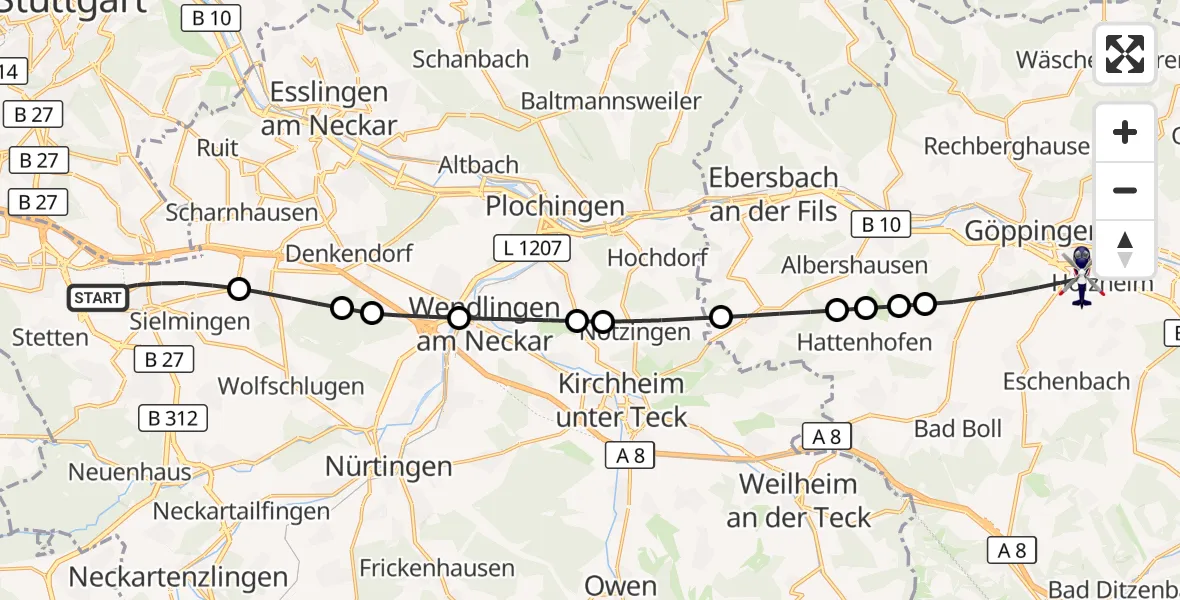 Flugroute Polizeihubschrauber Flughafen Stuttgart - Göppingen, 01 Oktober 2026, 05:00