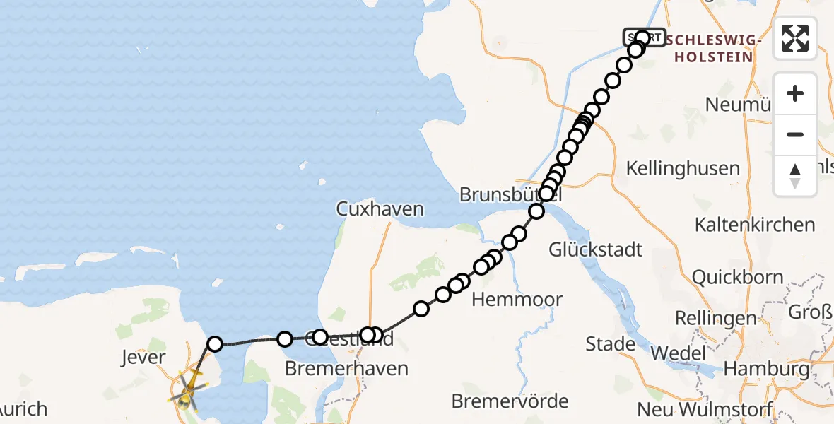Flugroute Ambulanzhubschrauber Hörsten - Wilhelmshaven, 01 Oktober 2026, 05:04