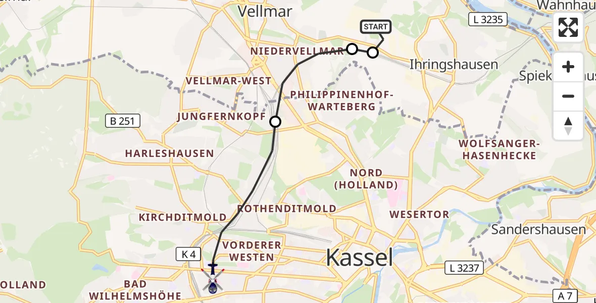 Flugroute Polizeihubschrauber Fuldatal Bundespolizei Hubschrauberlandeplatz - Kassel, 01 Oktober 2026, 05:23