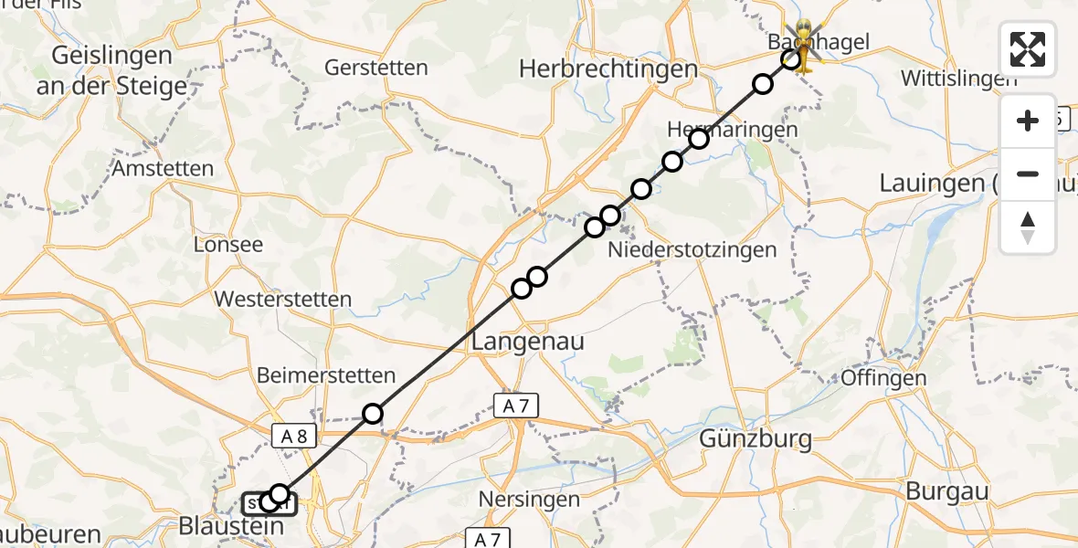 Flugroute Rettungshubschrauber Ulm Military Hospital Emergency - Bachhagel, 01 Oktober 2026, 05:31