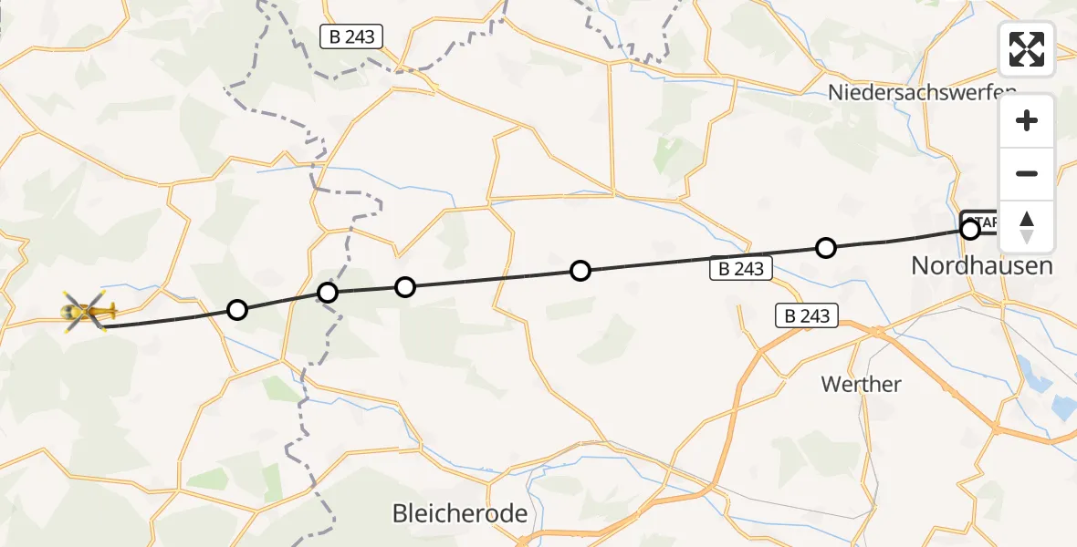 Flugroute Rettungshubschrauber Südharz Hospital Nordhausen - Sonnenstein, 01 Oktober 2026, 05:35