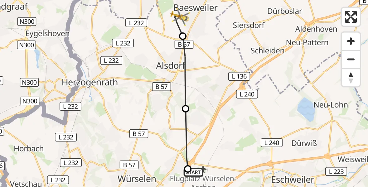Flugroute Rettungshubschrauber Aachen-Merzbrück Flughafen - Baesweiler, 01 Oktober 2026, 05:52