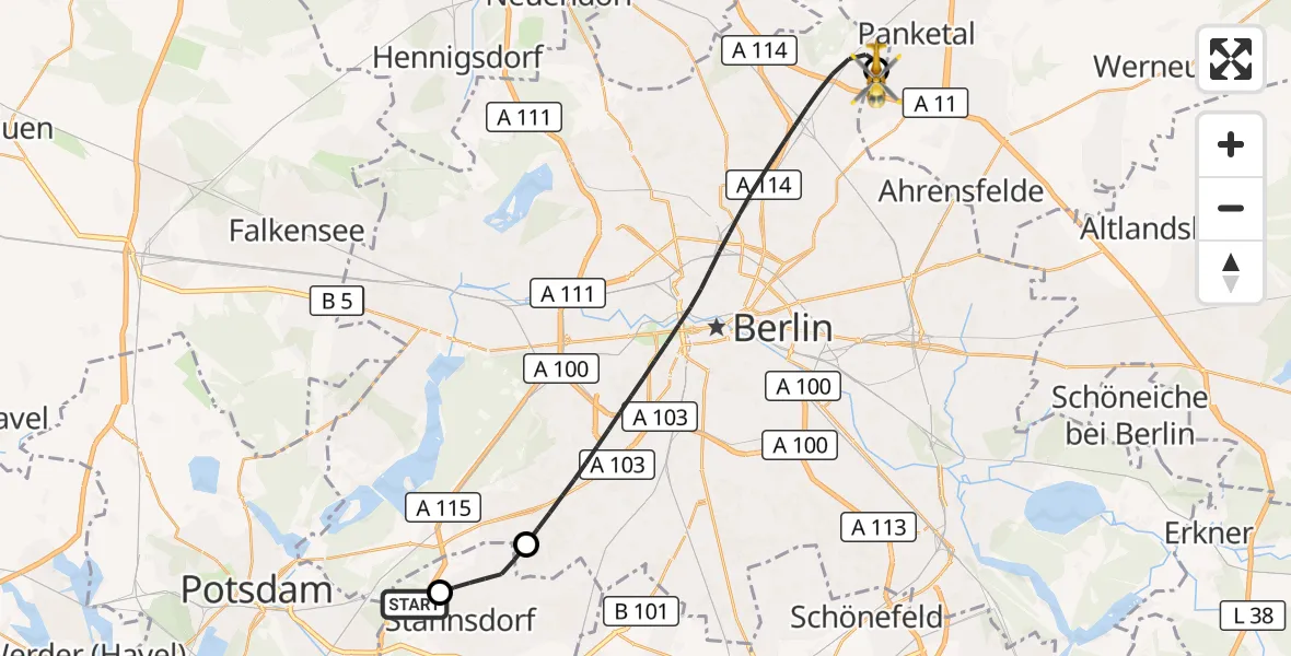 Flugroute Rettungshubschrauber Stahnsdorf - Helios Clinic Berlin-Buch, 01 Oktober 2026, 05:58