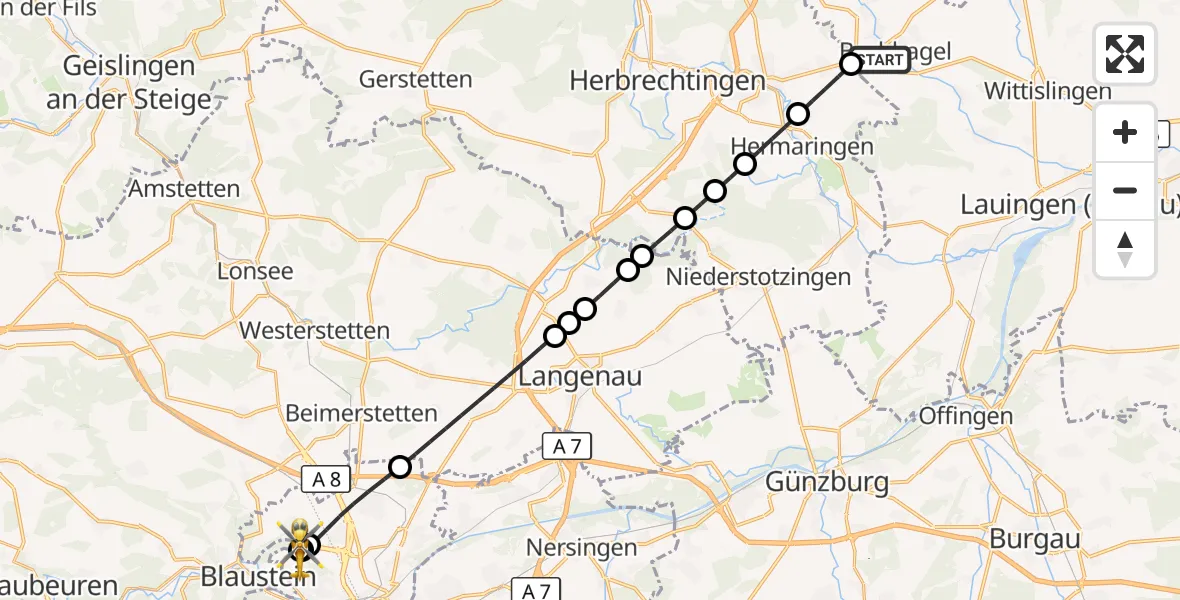 Flugroute Rettungshubschrauber Bachhagel - ADAC Air Rescue Station Ulm (Christoph 22), 01 Oktober 2026, 05:58