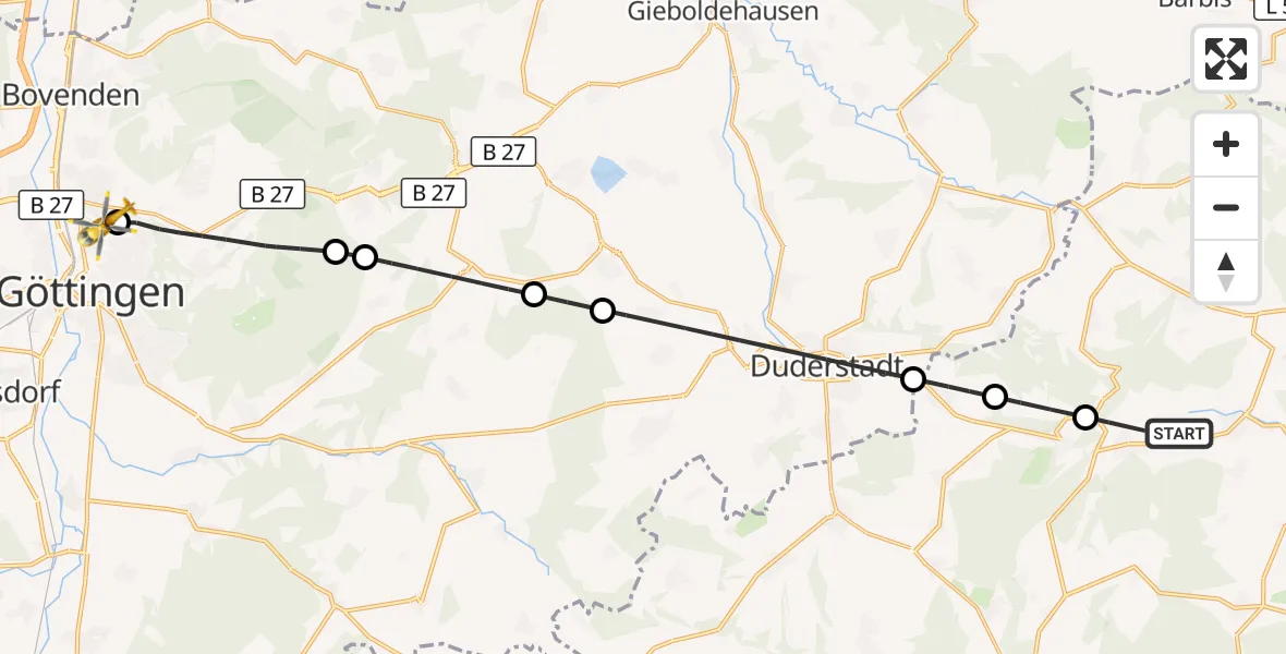 Flugroute Rettungshubschrauber Sonnenstein - Göttingen University Clinic Hubschrauberlandeplatz, 01 Oktober 2026, 06:10