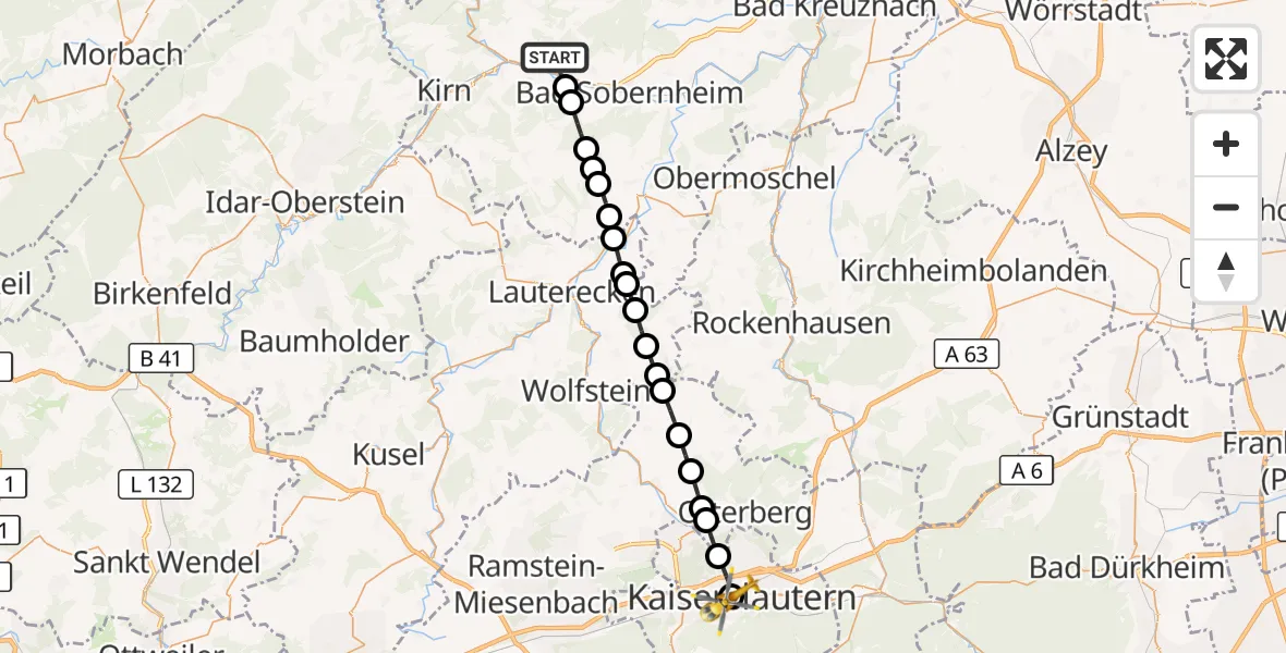 Flugroute Rettungshubschrauber Monzingen - Westpfalz Hospital Kaiserslautern, 01 Oktober 2026, 06:11
