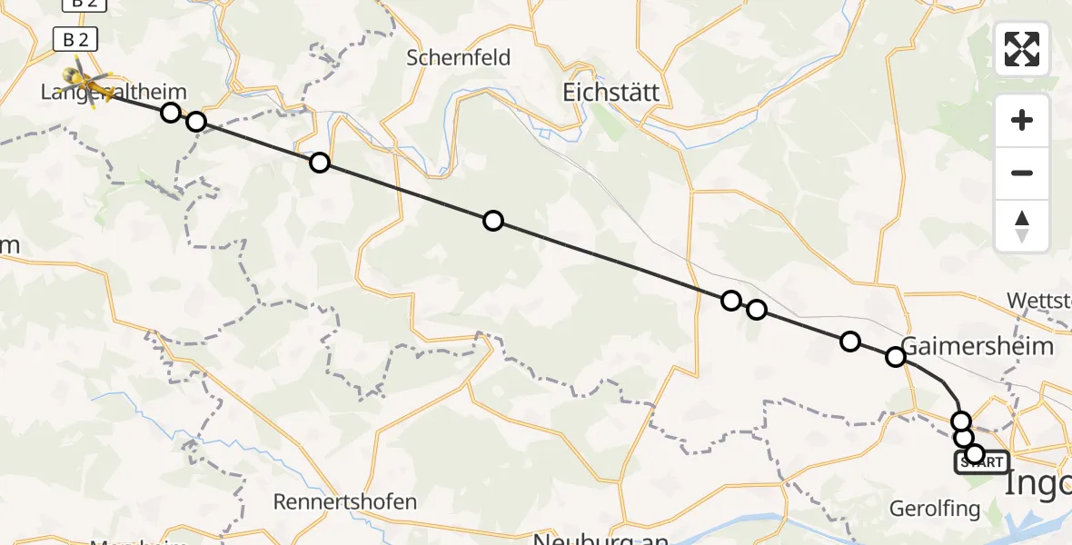 Flugroute Rettungshubschrauber Ingolstadt Hospital - Langenaltheim, 01 Oktober 2026, 06:16