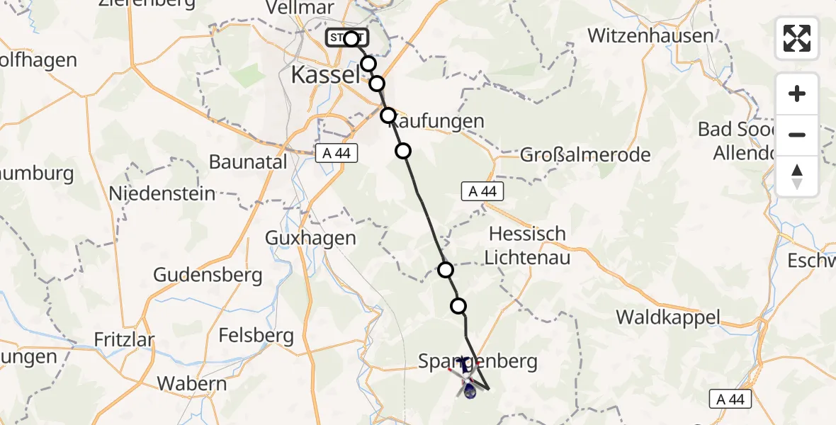 Flugroute Polizeihubschrauber Fuldatal - Spangenberg, 01 Oktober 2026, 06:20