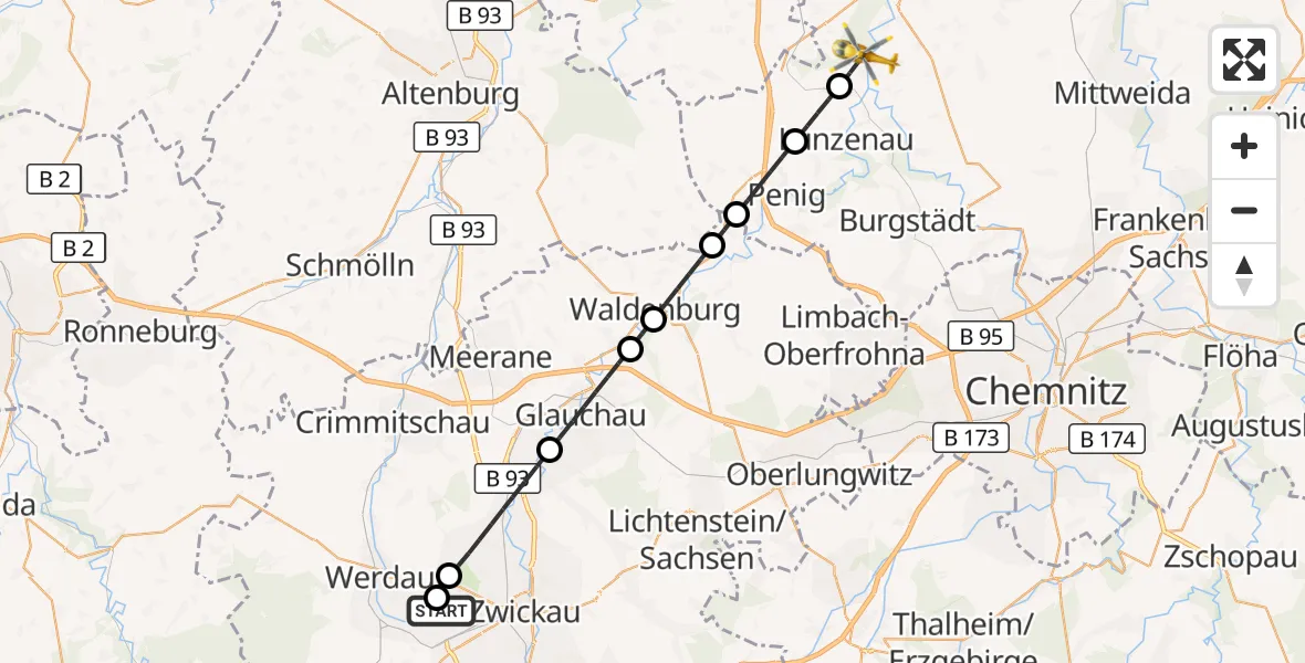 Flugroute Rettungshubschrauber ADAC Air Rescue Station Zwickau Hubschrauberlandeplatz - Wechselburg, 01 Oktober 2026, 06:21