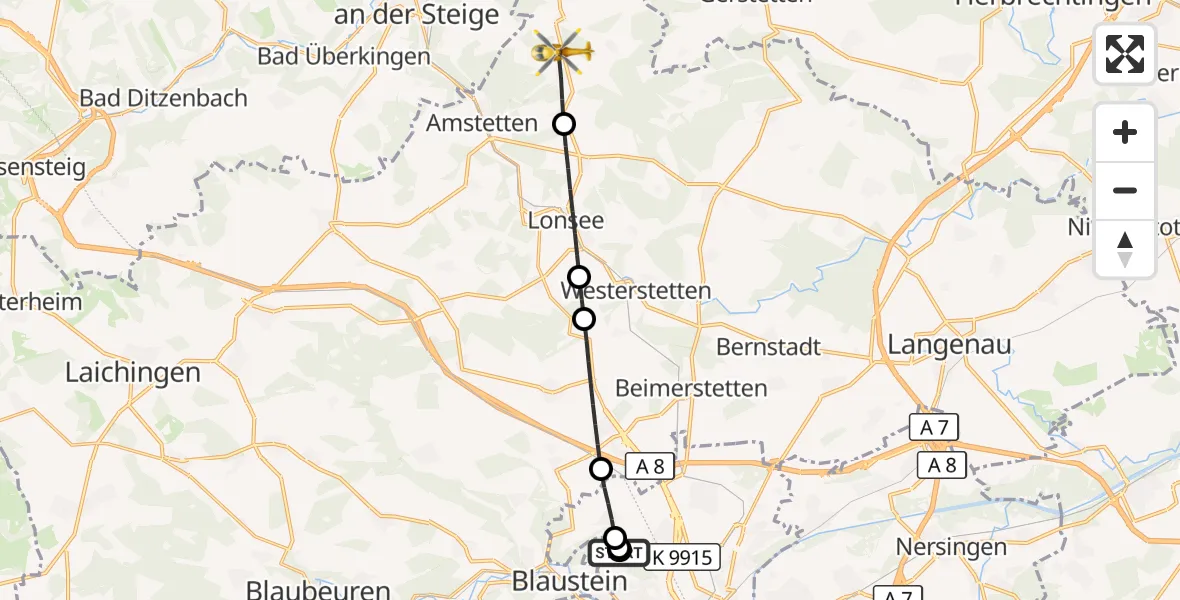 Flugroute Rettungshubschrauber Ulm Military Hospital Emergency - Amstetten, 01 Oktober 2026, 06:31