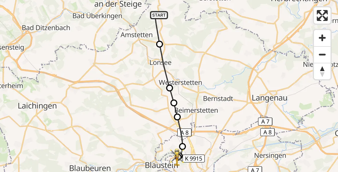 Flugroute Rettungshubschrauber Amstetten - Ulm Military Hospital Emergency, 01 Oktober 2026, 07:10