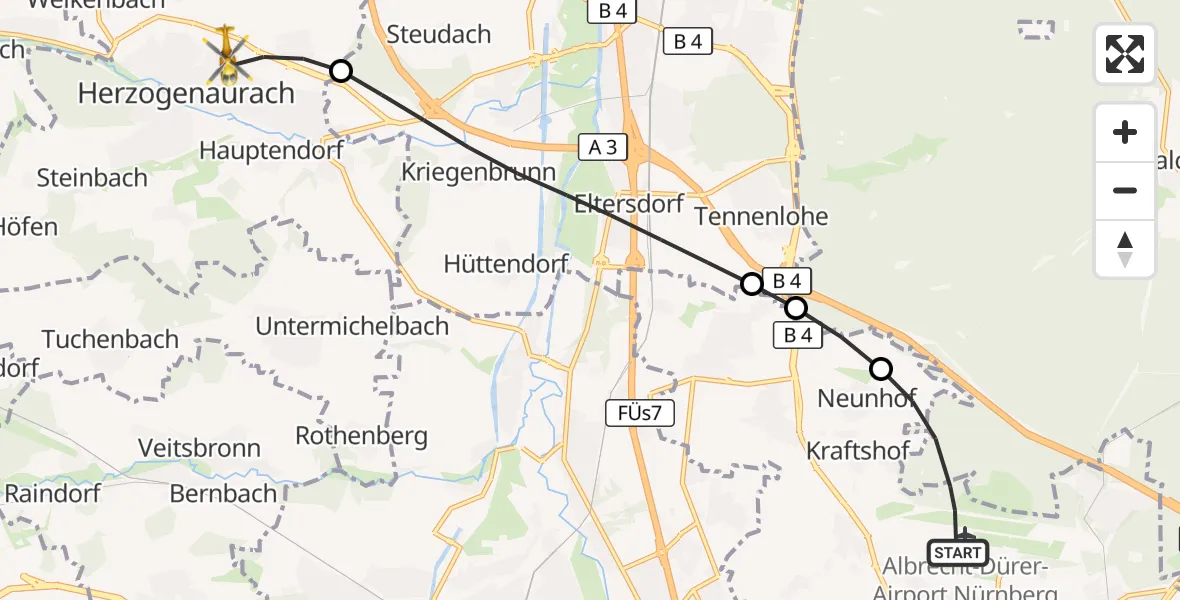 Flugroute Ambulanzhubschrauber Flughafen Nuremberg - Herzogenaurach, 01 Oktober 2026, 07:15