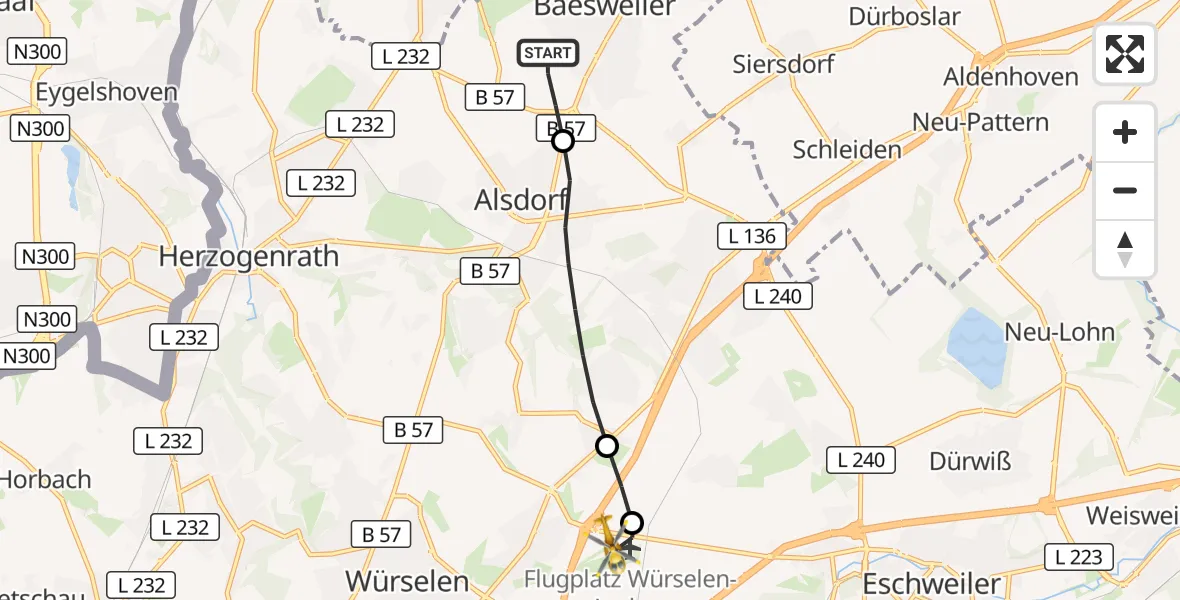 Flugroute Rettungshubschrauber Baesweiler - Aachen-Merzbrück Flughafen, 01 Oktober 2026, 07:20