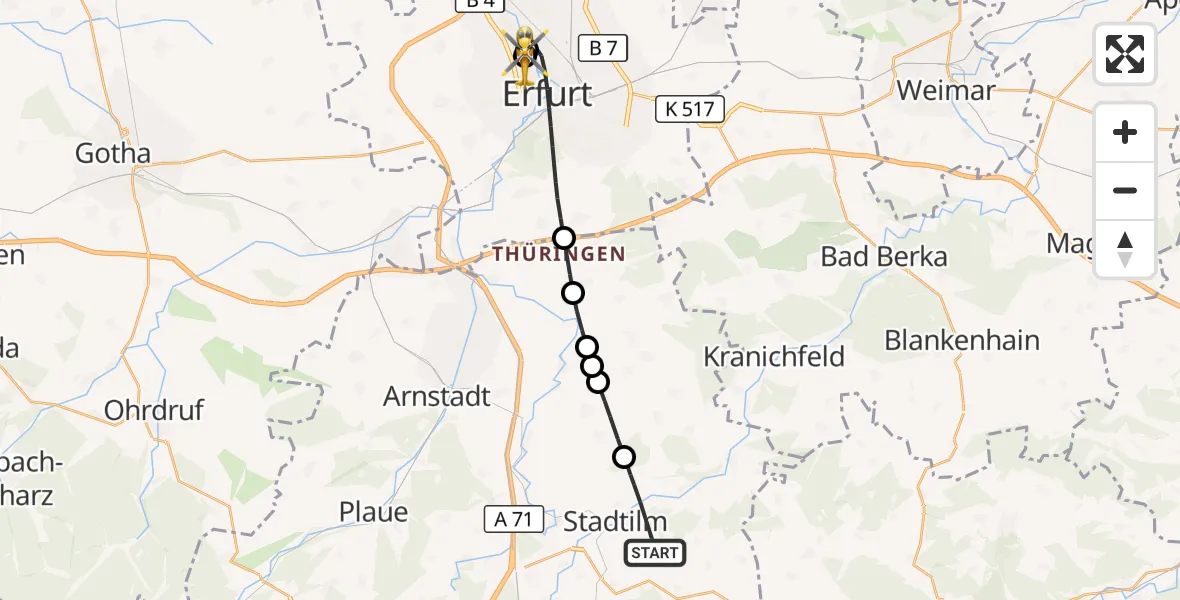 Flugroute Rettungshubschrauber Stadtilm - Helios Clinic Erfurt, 01 Oktober 2026, 07:27