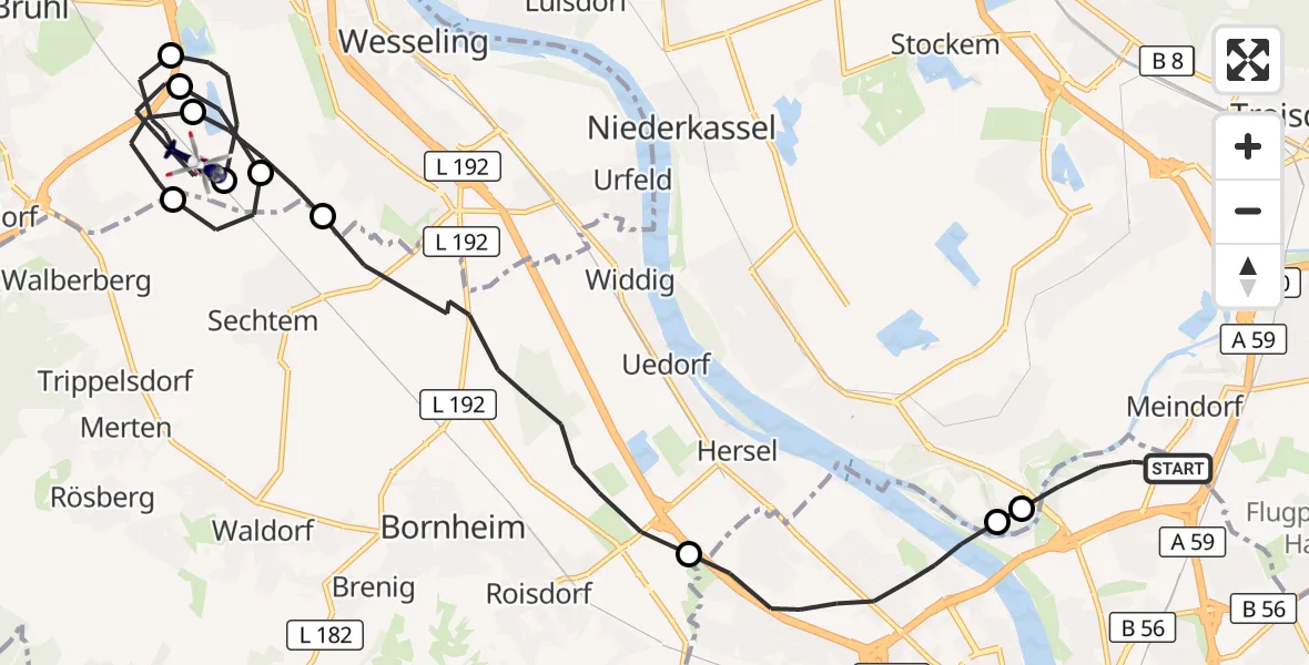 Flugroute Polizeihubschrauber Bonn - Brühl, 01 Oktober 2026, 07:35
