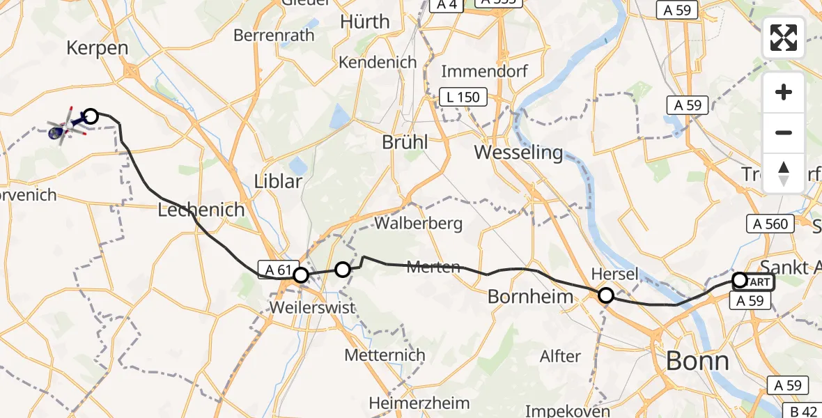 Flugroute Polizeihubschrauber Sankt Augustin - Militärflugplatz Nörvenich, 01 Oktober 2026, 07:46