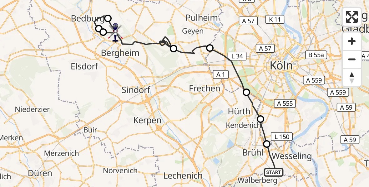 Flugroute Polizeihubschrauber Wesseling - Bergheim, 01 Oktober 2026, 07:51