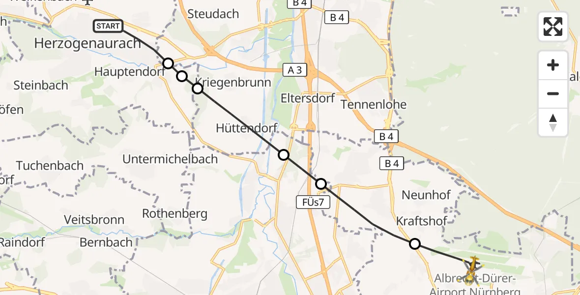 Flugroute Ambulanzhubschrauber Herzogenaurach - Flughafen Nuremberg, 01 Oktober 2026, 07:52