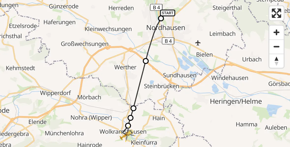 Flugroute Rettungshubschrauber Südharz Hospital Nordhausen - Bleicherode, 01 Oktober 2026, 07:53