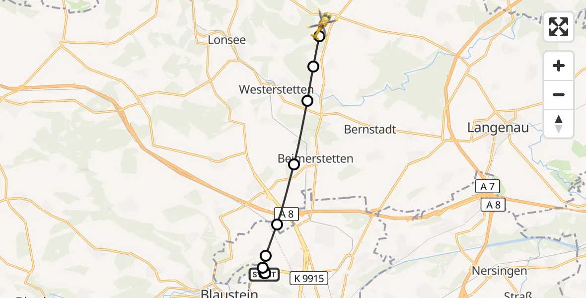 Flugroute Rettungshubschrauber Ulm Military Hospital Emergency - Weidenstetten, 01 Oktober 2026, 07:59