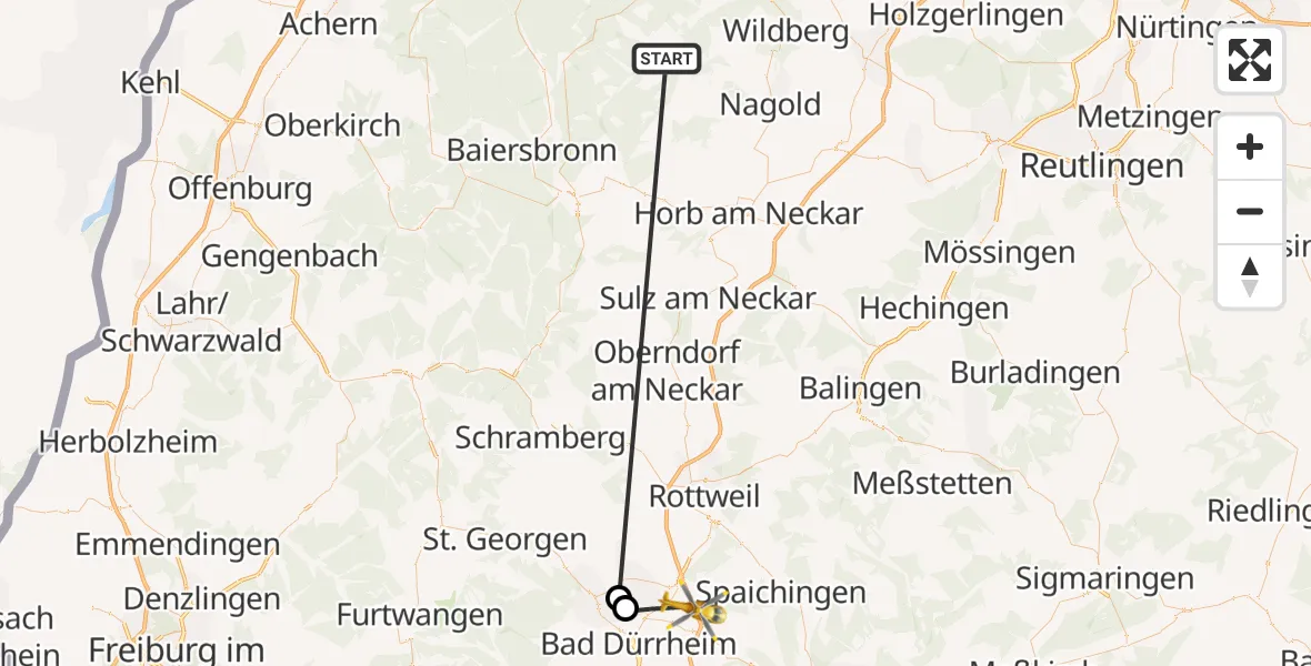 Flugroute Ambulanzhubschrauber Altensteig - Villingen-Schwenningen, 01 Oktober 2026, 08:06