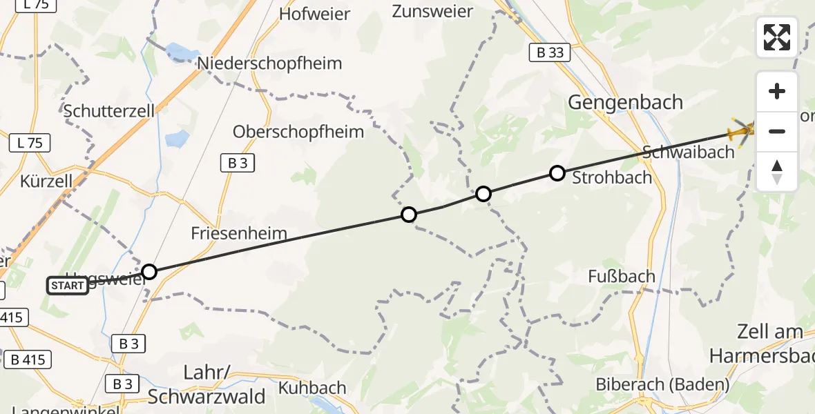 Flugroute Rettungshubschrauber Lahr Flughafen - Gengenbach, 01 Oktober 2026, 08:14