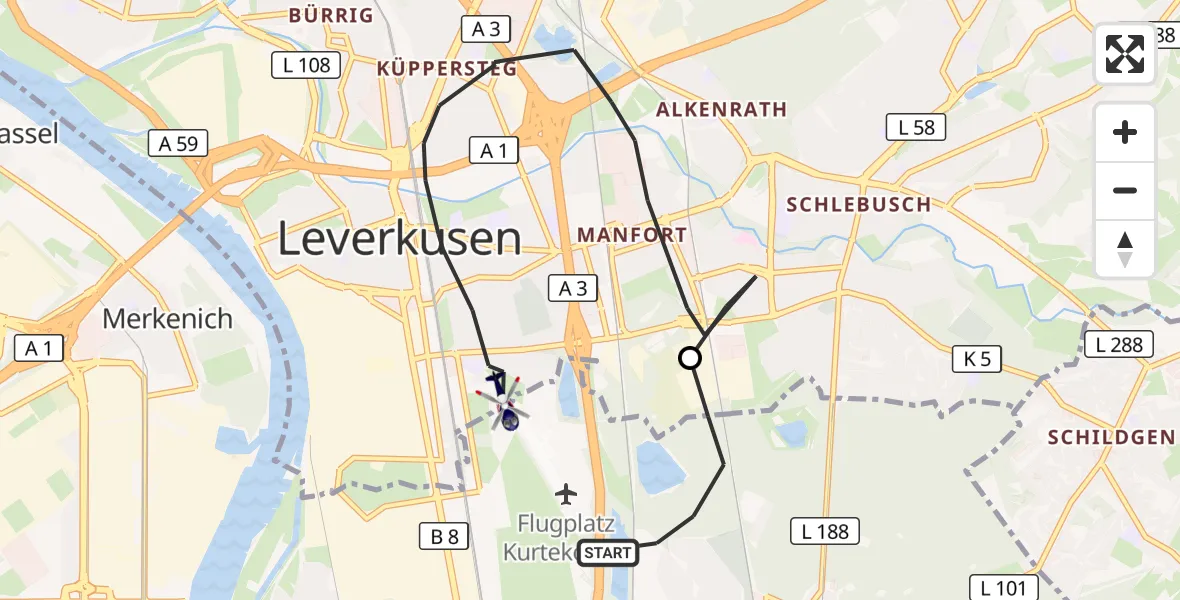 Flugroute Polizeihubschrauber Köln - Leverkusen, 01 Oktober 2026, 08:15