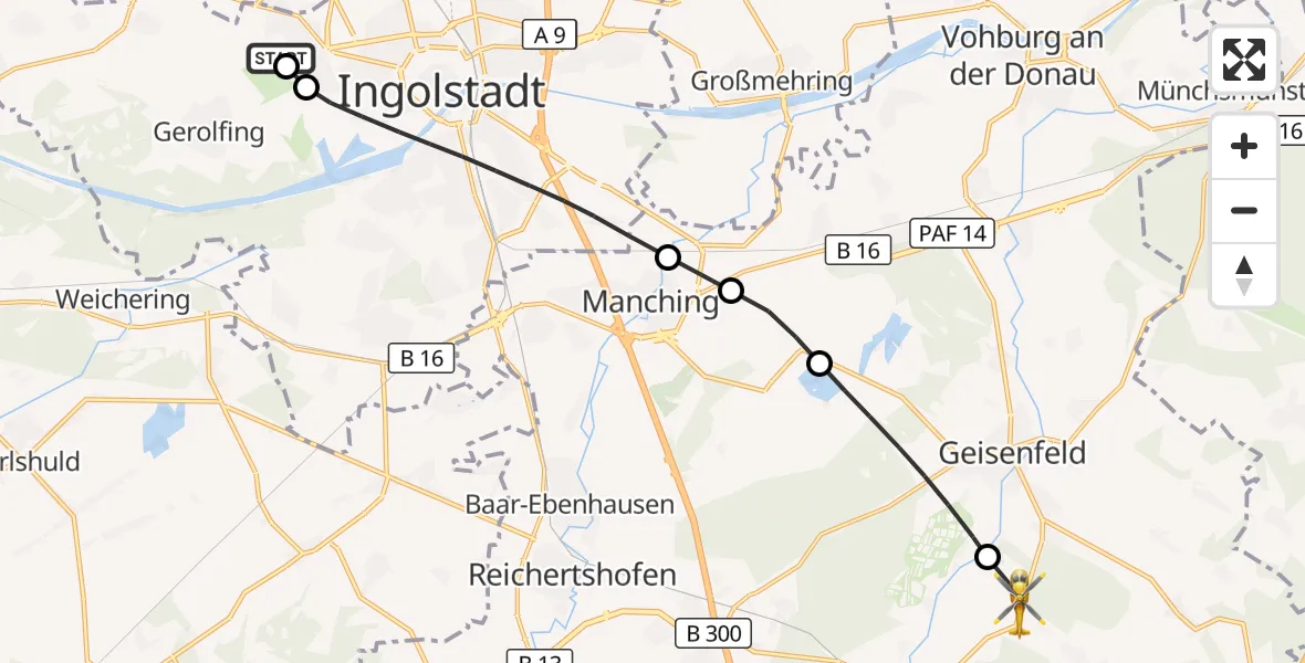 Flugroute Rettungshubschrauber Ingolstadt Hospital - Wolnzach, 01 Oktober 2026, 08:16