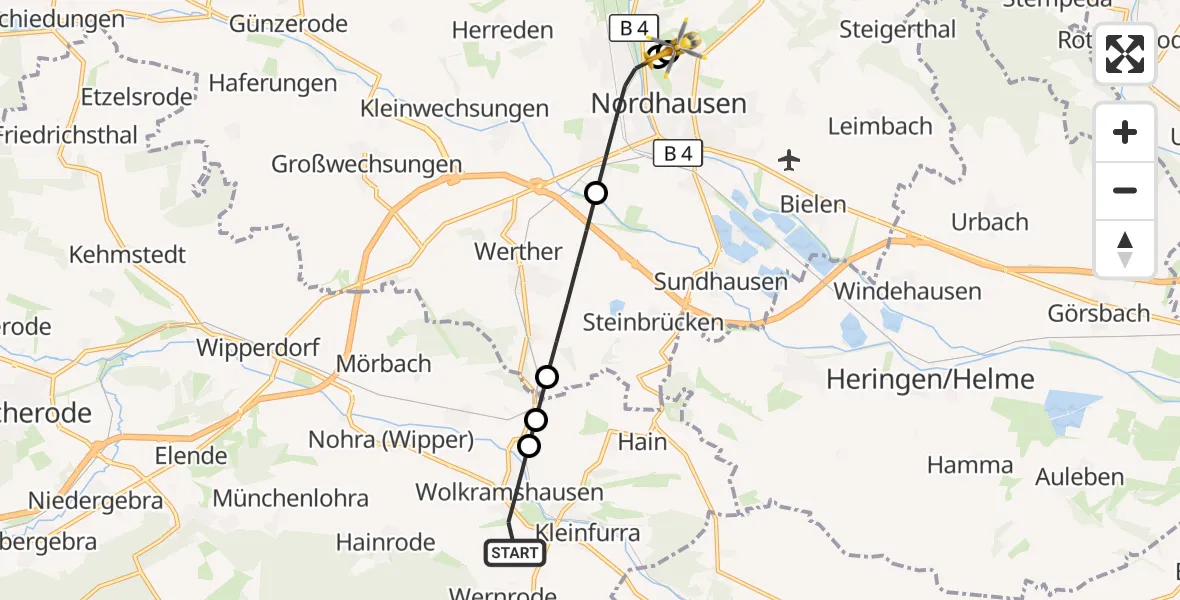 Flugroute Rettungshubschrauber Bleicherode - Südharz Hospital Nordhausen, 01 Oktober 2026, 08:23
