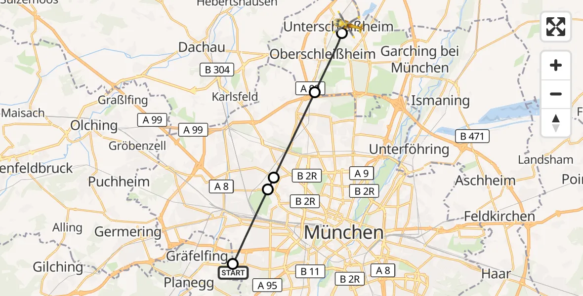 Flugroute Rettungshubschrauber DRF Air Rescue München Hubschrauberlandeplatz - Unterschleißheim, 01 Oktober 2026, 08:36