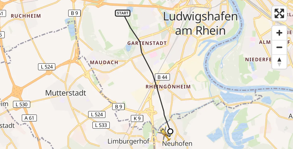 Flugroute Rettungshubschrauber Ludwigshafen am Rhein - Neuhofen, 01 Oktober 2026, 08:37