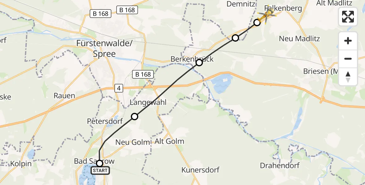 Flugroute Rettungshubschrauber Bad Saarow Hospital - Briesen (Mark), 01 Oktober 2026, 08:38