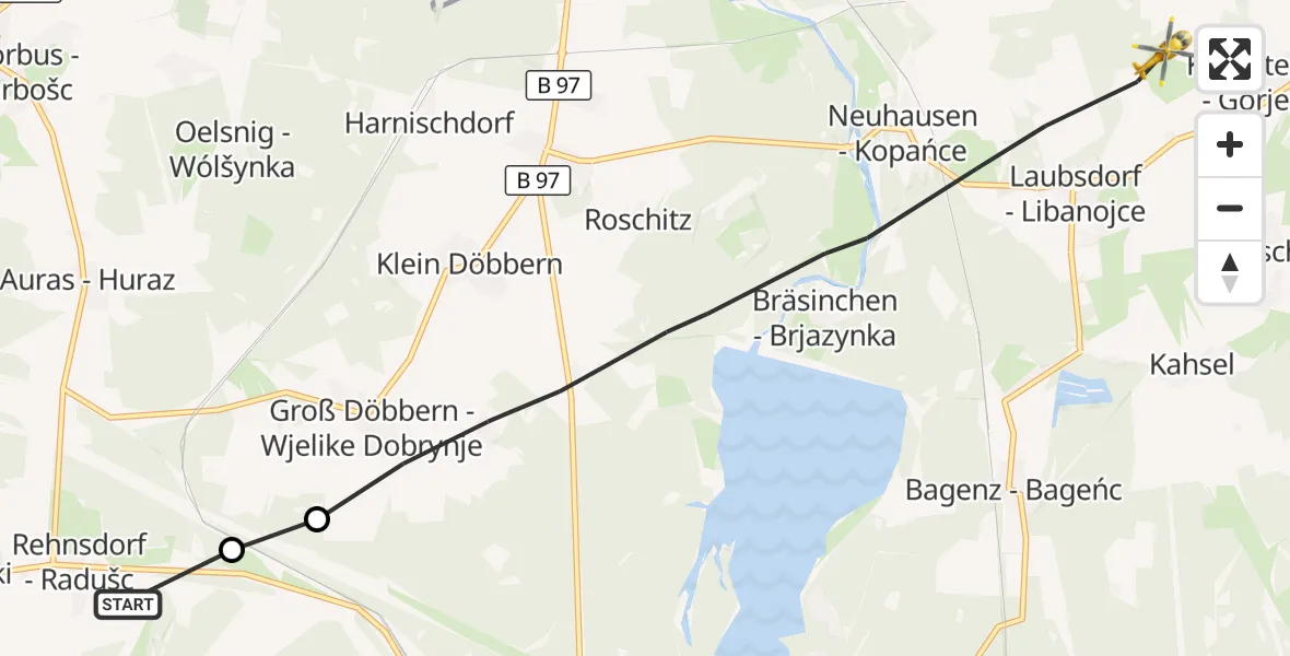 Flugroute Rettungshubschrauber Drebkau - Neuhausen/Spree, 01 Oktober 2026, 08:42