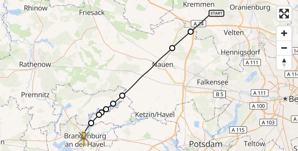 Flugroute Rettungshubschrauber Oberkrämer - Brandenburg an der Havel, 01 Oktober 2026, 08:45