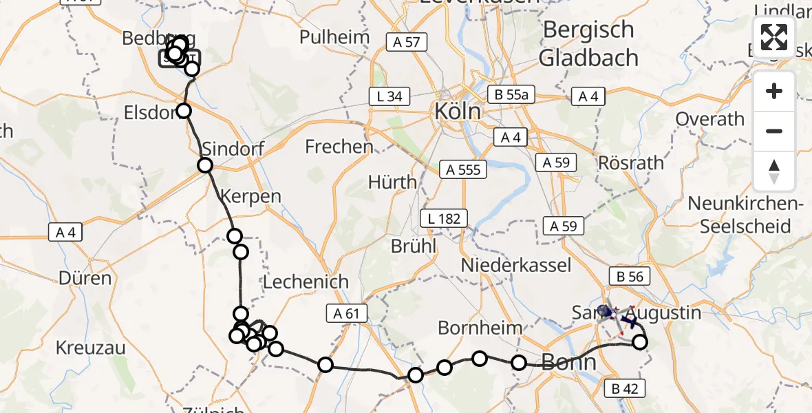 Flugroute Polizeihubschrauber Bergheim - Bonn-Hangelar Flugplatz, 01 Oktober 2026, 08:49