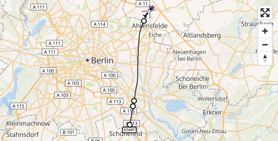 Flugroute Polizeihubschrauber Schönefeld - Ahrensfelde Hubschrauberlandeplatz, 01 Oktober 2026, 08:52