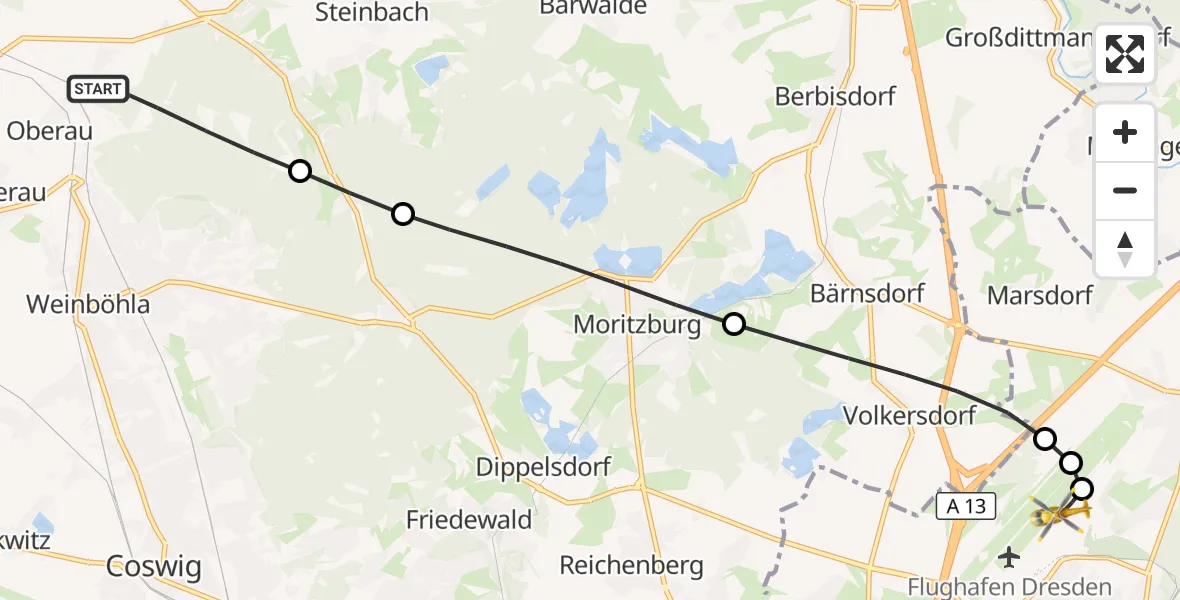 Flugroute Rettungshubschrauber Niederau - Dresden Bundespolizei Hubschrauberlandeplatz, 01 Oktober 2026, 08:57