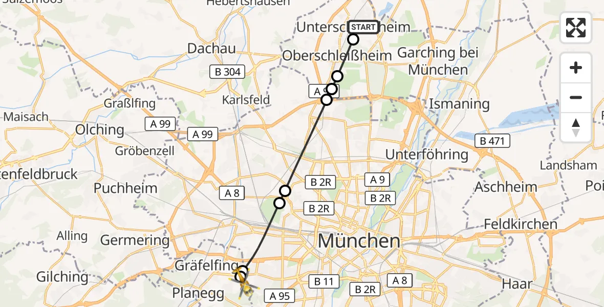Flugroute Rettungshubschrauber Unterschleißheim - DRF Air Rescue München Hubschrauberlandeplatz, 01 Oktober 2026, 09:02