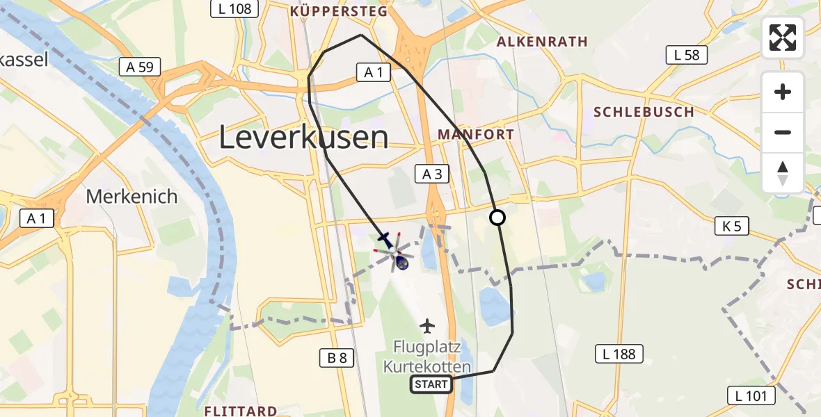 Flugroute Polizeihubschrauber Köln - Leverkusen, 01 Oktober 2026, 09:04