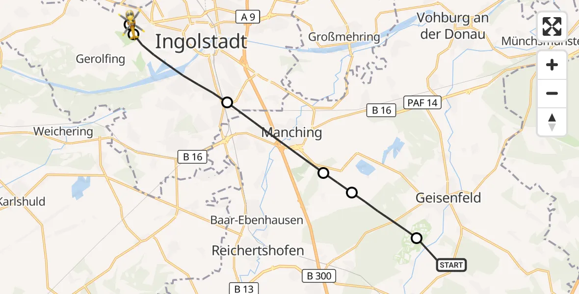 Flugroute Rettungshubschrauber Wolnzach - Ingolstadt Hospital, 01 Oktober 2026, 09:06