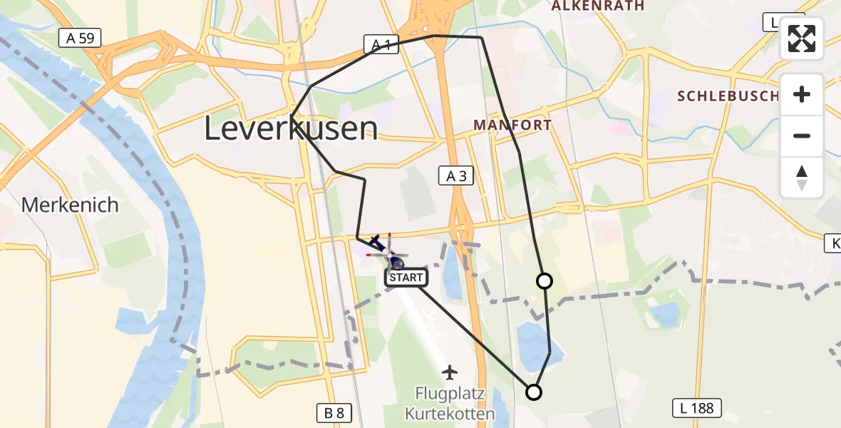 Flugroute Polizeihubschrauber Leverkusen - Leverkusen, 01 Oktober 2026, 09:08