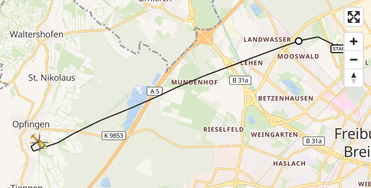 Flugroute Ambulanzhubschrauber Freiburg im Breisgau Flugplatz - Freiburg im Breisgau, 01 Oktober 2026, 09:11