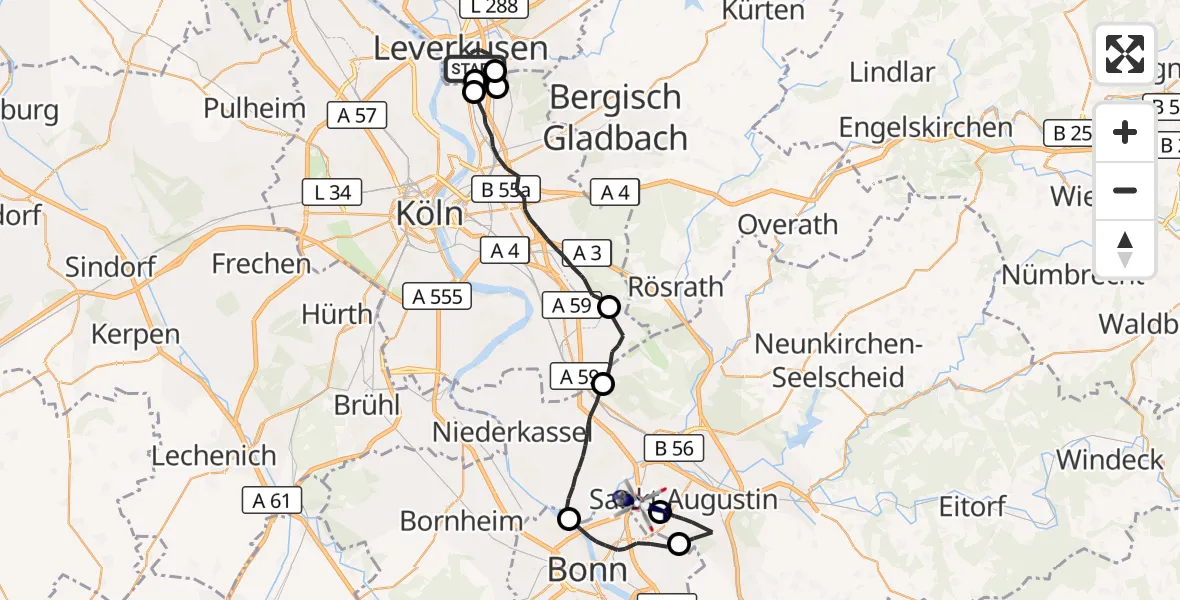Flugroute Polizeihubschrauber Leverkusen - Sankt Augustin, 01 Oktober 2026, 09:15