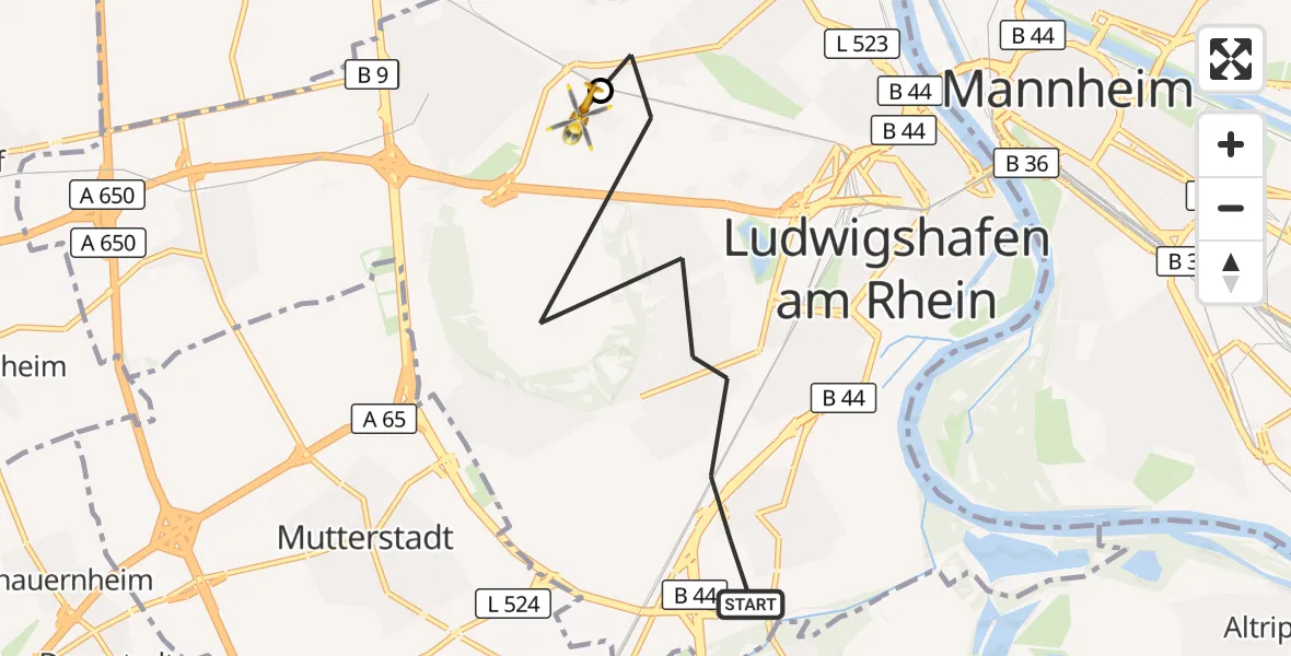 Flugroute Rettungshubschrauber Ludwigshafen am Rhein - Ludwigshafen Accident Hospital, 01 Oktober 2026, 09:17