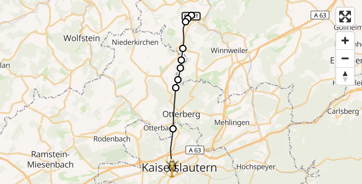 Flugroute Rettungshubschrauber Rockenhausen - Westpfalz Hospital Kaiserslautern, 01 Oktober 2026, 09:25