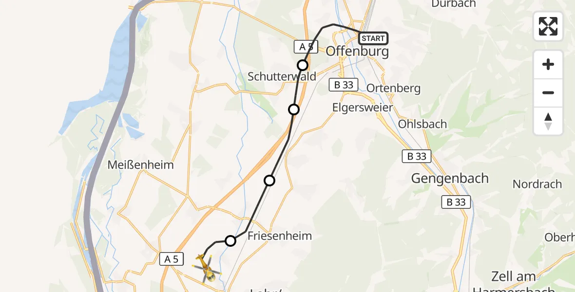 Flugroute Rettungshubschrauber Offenburg - Lahr Flughafen, 01 Oktober 2026, 09:25