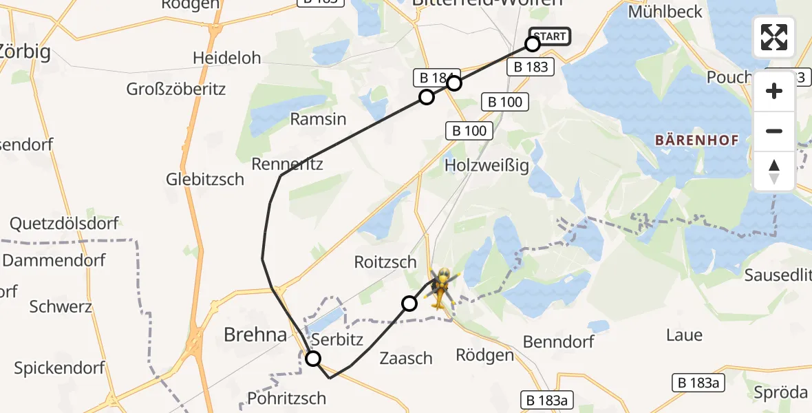 Flugroute Rettungshubschrauber Bitterfield-Wolfen Health Center Hubschrauberlandeplatz - Sandersdorf-Brehna, 01 Oktober 2026, 09:35
