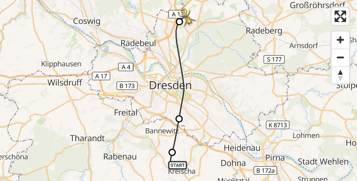 Flugroute Rettungshubschrauber Kreischa - Dresden Flughafen, 01 Oktober 2026, 09:37