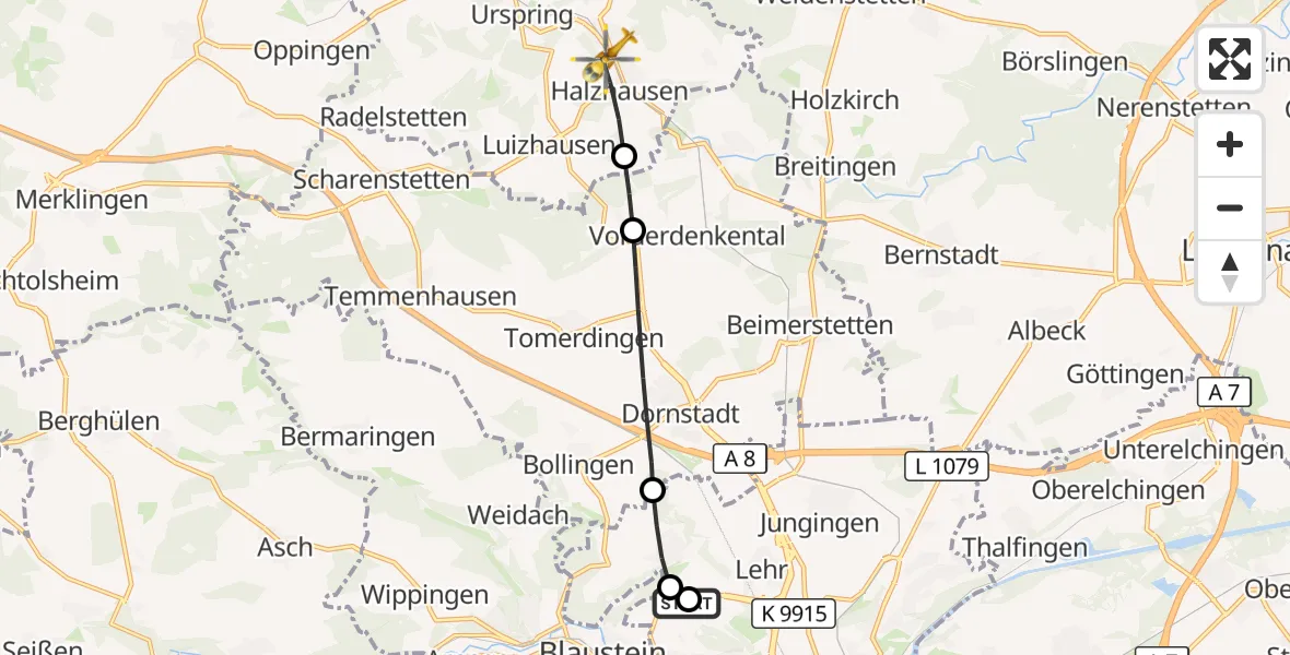 Flugroute Rettungshubschrauber Ulm Military Hospital Emergency - Lonsee, 01 Oktober 2026, 09:40